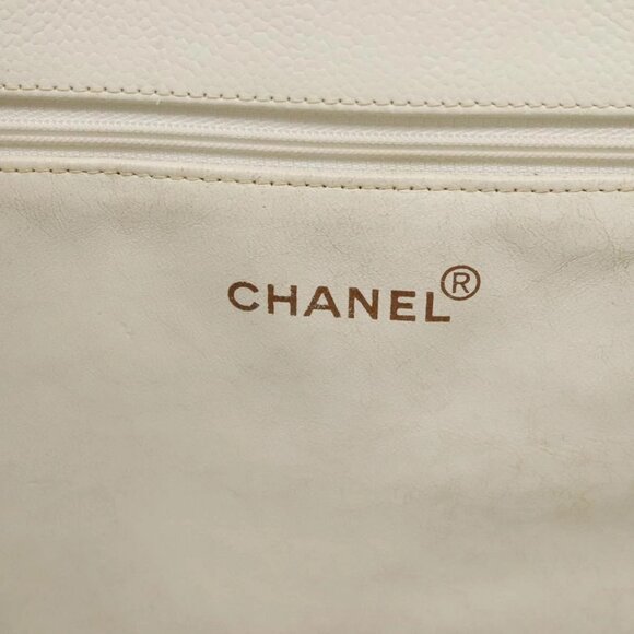 CHANEL COCO Mark Chain Hand Bag Grained Calf Skin White Gold CC Auth gh687 - Picture 10 of 16